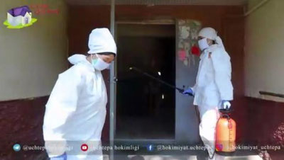 Изрображение 'В Учтепинском районе проводят дезинфекцию подъездов и улиц в махаллях (видео)'