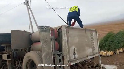 Изрображение 'На "Камчике" опрокинулся грузовик с саженцами: видео спасательной операции'