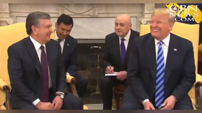 Изрображение 'ВИДЕО: ДОНАЛЬД ТРАМП ШУТИТ ВО ВРЕМЯ БЕСЕДЫ С ШАВКАТОМ МИРЗИЁЕВЫМ'