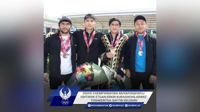 Изрображение 'В Ташкенте встретили призеров чемпионата Азии по спортивной борьбе (фото)'