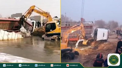 Изрображение 'В Сурхандарье грузовик опрокинулся в воду, пытаясь проехать по легкому мосту (видео)'