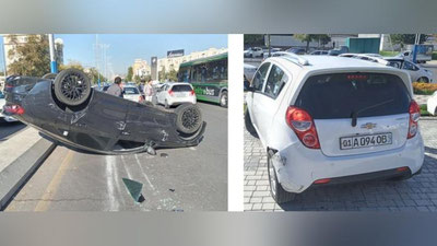 Изрображение 'ДТП в Ташкенте: после столкновения со "Спарком" "Киа" перевернулась'