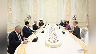 'Shavkat Mirziyoev Xalqaro valyuta fondi boshqaruvchi direktori Kristalina Georgievani qabul qildi'ning rasmi