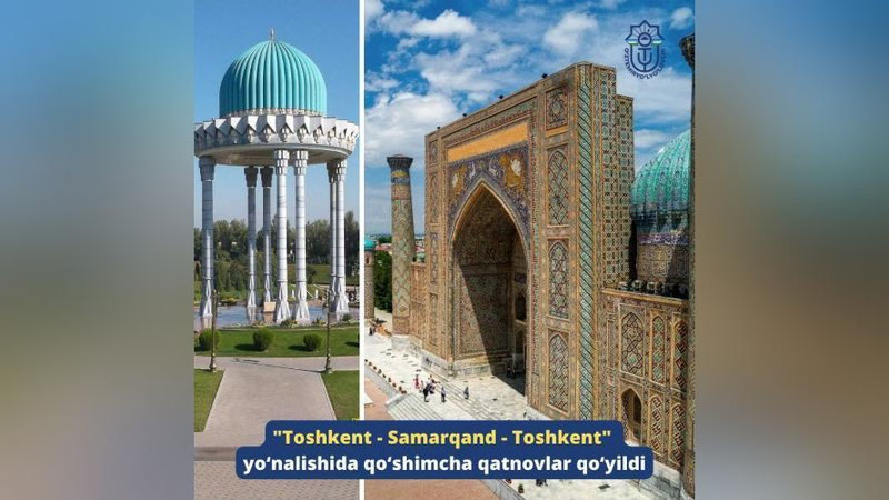 '“Samarqand — Toshkent — Samarqand” yo`nalishida qo`shimcha yo`lovchi poezd harakati yo`lga qo`yildi'ning rasmi