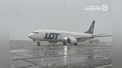 Изрображение 'Ташкент встретил первый рейс из Варшавы мартовским снегопадом (фото)'