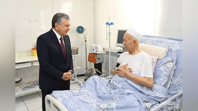 'Shavkat Mirziyoev O`zbekiston Qahramoni holidan xabar oldi'ning rasmi
