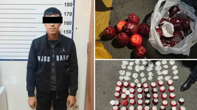 Изрображение 'Узбекистанец пытался провезти в Кыргызстан наркотики в муляжных яблоках (видео)'