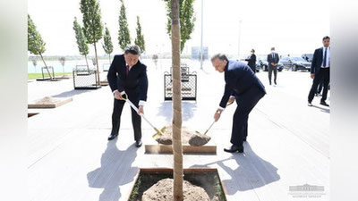 Изрображение 'Шавкат Мирзиёев и Си Цзиньпин посадили дерево в туристическом центре в Самарканде'