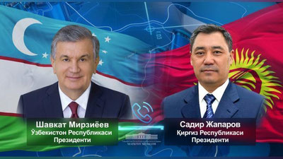 'O`zbekiston va Qirg`iziston  rahbarlari ikki tomonlama hamkorlik masalalarini muhokama qildilar'ning rasmi