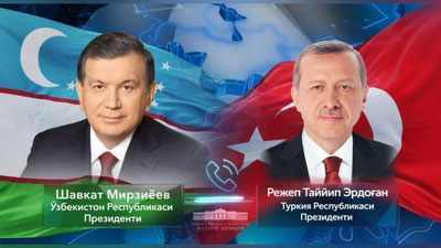 'Prezidentlar  O`zbekiston va Turkiya xalqlariga farovonlik va taraqqiyot tiladilar 'ning rasmi
