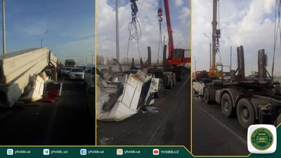 Изрображение 'В Бектемире водитель грузовика едва не стал жертвой собственного груза (видео)'