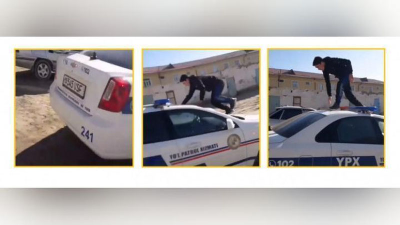 Изрображение 'В Кунграде парень пробежался по служебному авто ДПС: его родителей оштрафовали'