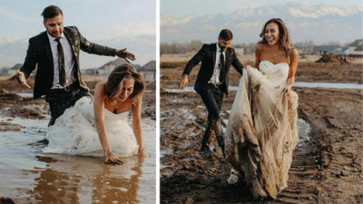 Изрображение 'В Казахстане фотограф превратил в эпичную фотосессию падение невесты в грязь'