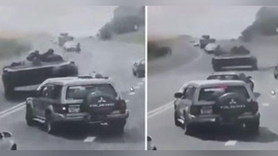 'BMP harbiy mashinasi engil avtomobil ustiga chiqib ketdi (Video)'ning rasmi