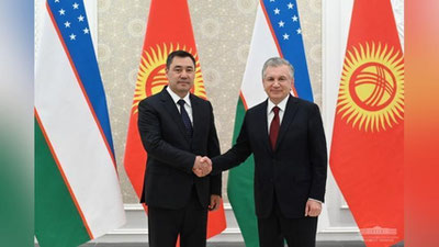 'Mirziyoev va Japarov Markaziy Osiyo rivojiga xizmat qiladigan temir yo`li va GES qurilishini tezlashtirishga e`tibor qaratishmoqda'ning rasmi