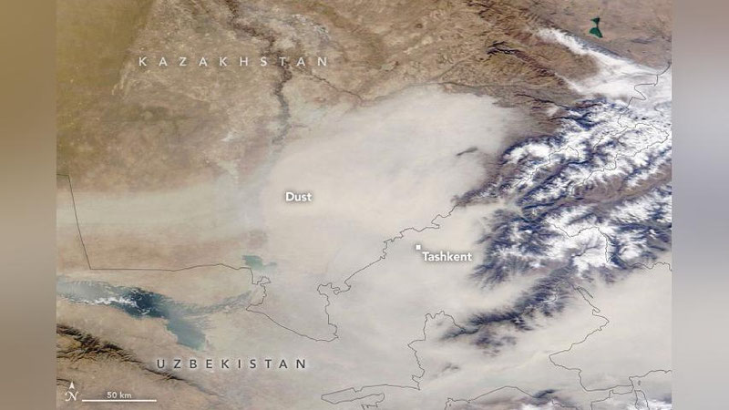 Изрображение 'Спутник NASA сфотографировал густое облако пыли над Ташкентом'