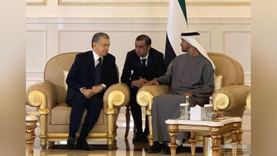 'Ўзбекистон ва БАА етакчилари икки давлат ўртасидаги амалий ҳамкорликни кенгайтиришнинг долзарб масалаларини кўриб чиқдилар'ning rasmi