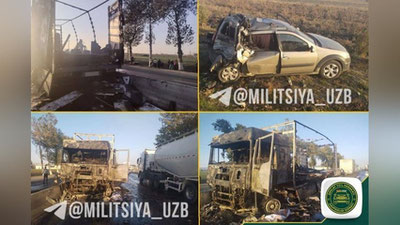 Изрображение 'В Самаркандской области грузовик столкнулся с легковушкой и загорелся (видео)'