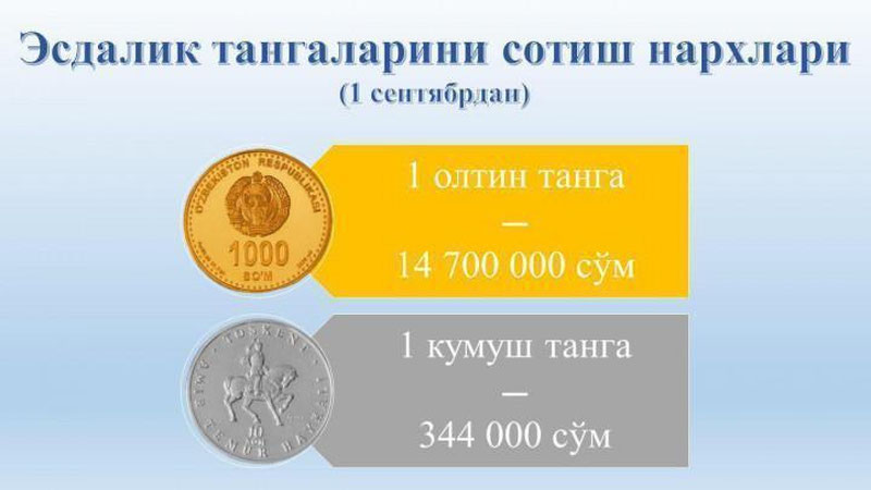 'Markaziy bank esdalik tangalarning 2019 yil 1 sentyabrdan amalda bo`ladigan narxlarini belgiladi'ning rasmi