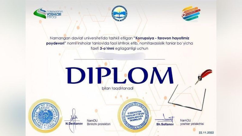 'Наманган давлат университетида “Коррупция — фаровон ҳаётимиз пойдевори” мавзусида танлов ўтказилгани рад этилди'ning rasmi