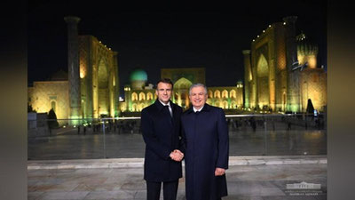 Изрображение 'Шавкат Мирзиёев и Эммануэль Макрон совершили прогулку по ночному Самарканду (фото, видео)'