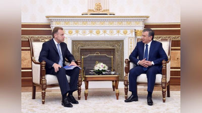 '​ЎЗБЕКИСТОН ПРЕЗИДЕНТИ РОССИЯ ҲУКУМАТИ РАИСИНИНГ БИРИНЧИ ЎРИНБОСАРИНИ ҚАБУЛ ҚИЛДИ'ning rasmi