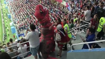 'Kokoshnik va dinozavr libosidagi muxlislar match payti urishib ketishdi (Video)'ning rasmi