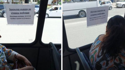 'Toshkentda avtobusga erkak va ayollarni alohida o`tirishi kerakligi haqida e`lon yopishtirildi'ning rasmi