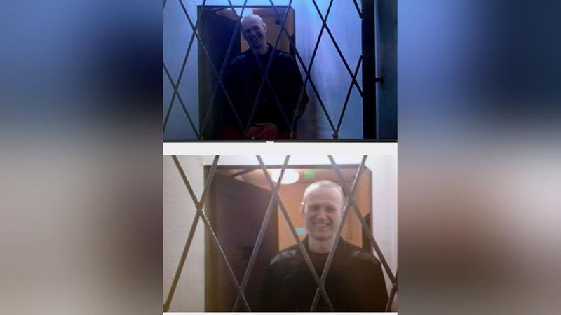 'Rossiyalik siyosatchi Aleksey Navalniy maxsus rejimli koloniyaga o`tkazilganidan beri ilk bor sud majlisida ishtirok etdi'ning rasmi