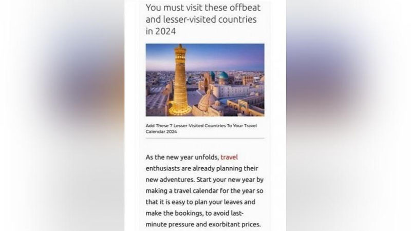 'O`zbekiston 2024 yil sayohat qilishga arziydigan mamlakatlar qatoriga kiritildi'ning rasmi