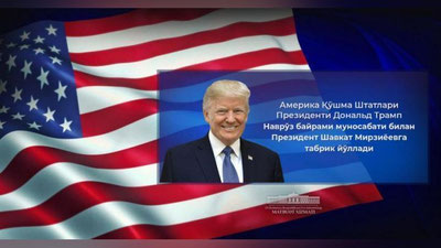 'Donald Tramp  Shavkat Mirziyoevga tabrik yo`lladi'ning rasmi