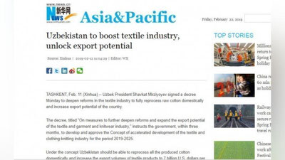 'Sinxua axborot agentligi O`zbekiston to`qimachilik sanoati haqida yozdi'ning rasmi