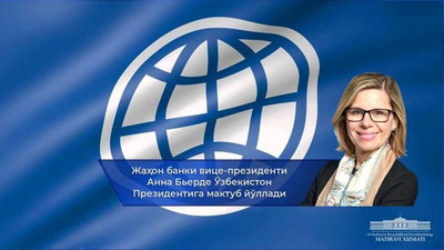 'Jahon bankining Evropa va Markaziy Osiyo mintaqasi bo`yicha vise-prezidenti Shavkat Mirziyoevga maktub yo`lladi'ning rasmi