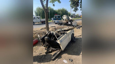 Изрображение 'В Ташкенте "Жигули" разорвало пополам после удара об дерево'
