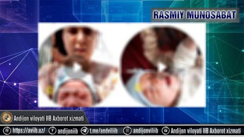 'Andijonda yosh ayol Rossiyada ishlayotgan eridan o`ch olish uchun 5 oylik bolasini azoblamoqda (video)'ning rasmi