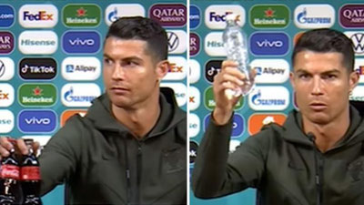 'Ronaldu sabab Coca-Cola'ning aksiyalari narxi tushib ketdi. U stol ustidagi kolani surib qo`yib, faqat suv ichish kerakligini ta`kidladi(foto va video)'ning rasmi