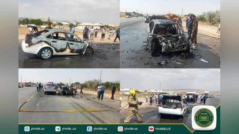 'Qashqadaryoda "Isuzu" va "Lacetti" to`qnashuvi oqibatida yong`in sodir bo`ldi. 4 kishi vafot etdi'ning rasmi