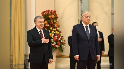 Изрображение 'В резиденции Акорда прошла официальная церемония встречи Президента Узбекистана (фото)'