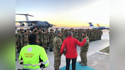 'O`zbekiston maxsus borti jabrlanganlarga shoshilinch yordam ko`rsatish maqsadida Gaziyantepga etib bordi'ning rasmi