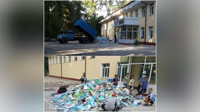 'Tuman xalq ta`limi mudiri yuk mashinasida o`tin kabi tashlab ketilgan darsliklar holati yuzasidan uzr so`radi'ning rasmi