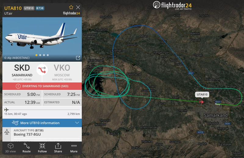 Image of 'A Russian plane that took off from Samarkand returned to the airport due to a malfunction.'