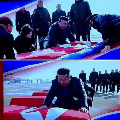 'Kim Chen In Kurskda halok bo‘lgan shimoliy koreyalik askarlar jasadini tantanali kutib oldi'ning rasmi