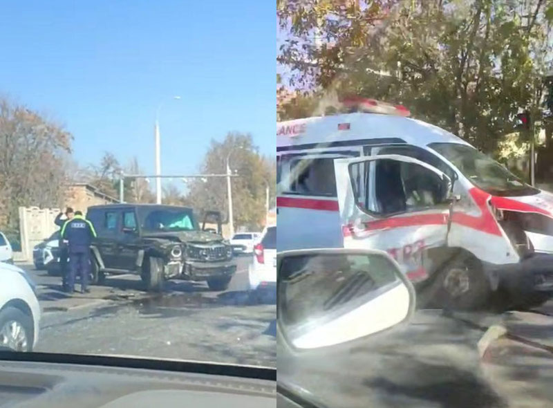 Изрображение 'Возле старого ТашМИ столкнулись люксовый внедорожник и машина "скорой помощи"'