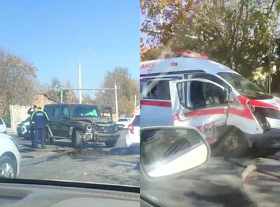 Изрображение 'Возле старого ТашМИ столкнулись люксовый внедорожник и машина "скорой помощи"'