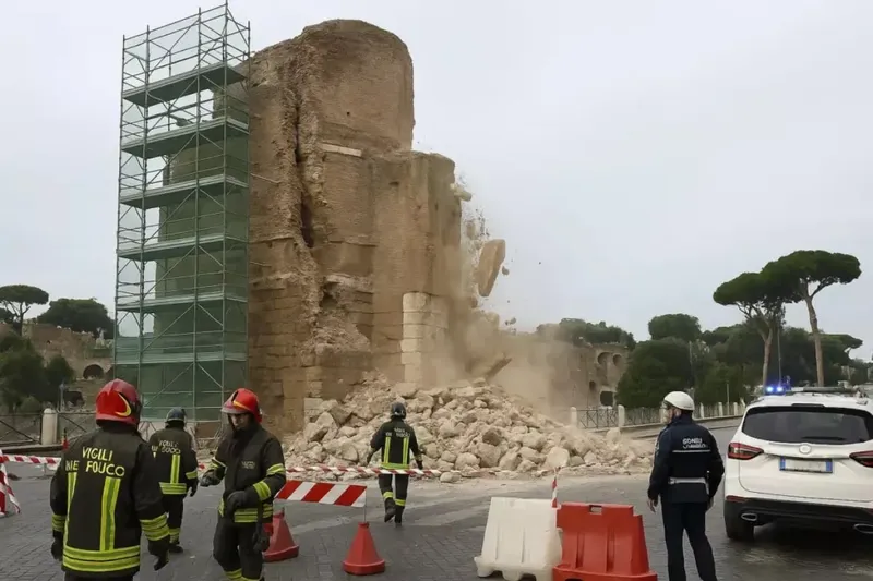 Image of 'A historical minaret from the Middle Ages collapsed in Rome.'