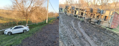 Изрображение 'На трассе в Ташкентской области опрокинулся грузовик: водитель пытался избежать аварии'