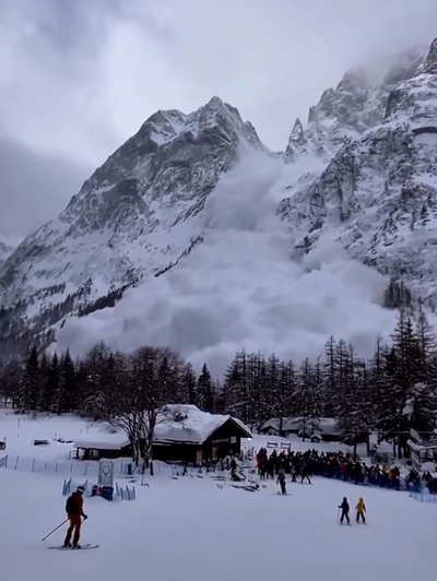 Изрображение 'Сход лавины на лыжников на курорте Курмайор в Италии попал на видео'