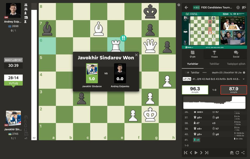 Image of 'Sindarov started the FIDE Candidates Tournament with a victory.'