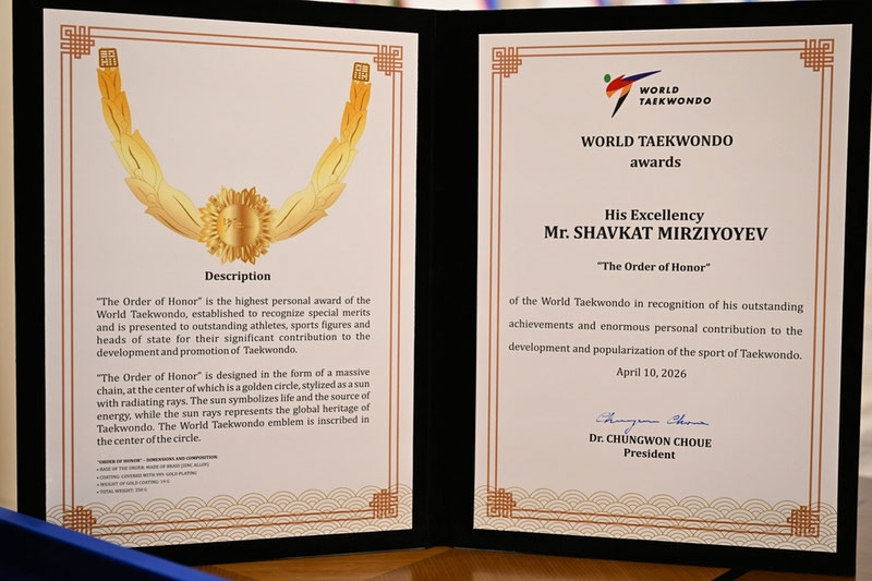 Изрображение 'Шавкат Мирзиёев получил Орден Славы Всемирной федерации таэквондо'