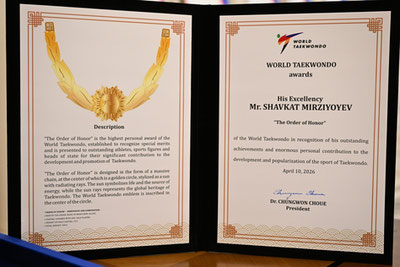 Изрображение 'Шавкат Мирзиёев получил Орден Славы Всемирной федерации таэквондо'
